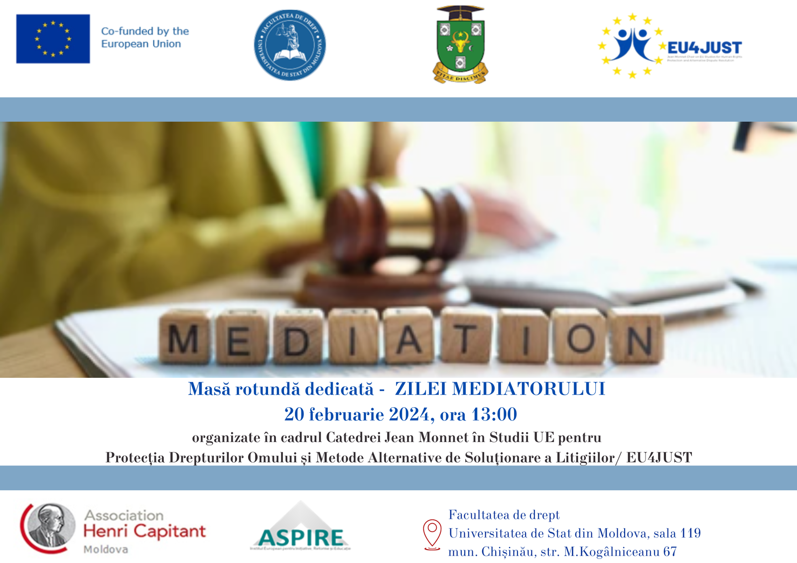 Masă Rotundă dedicată Zilei Naționale a Mediatorului – 20 februarie 2024, organizată în cadrul Catedrei Jean Monnet EU4JUST